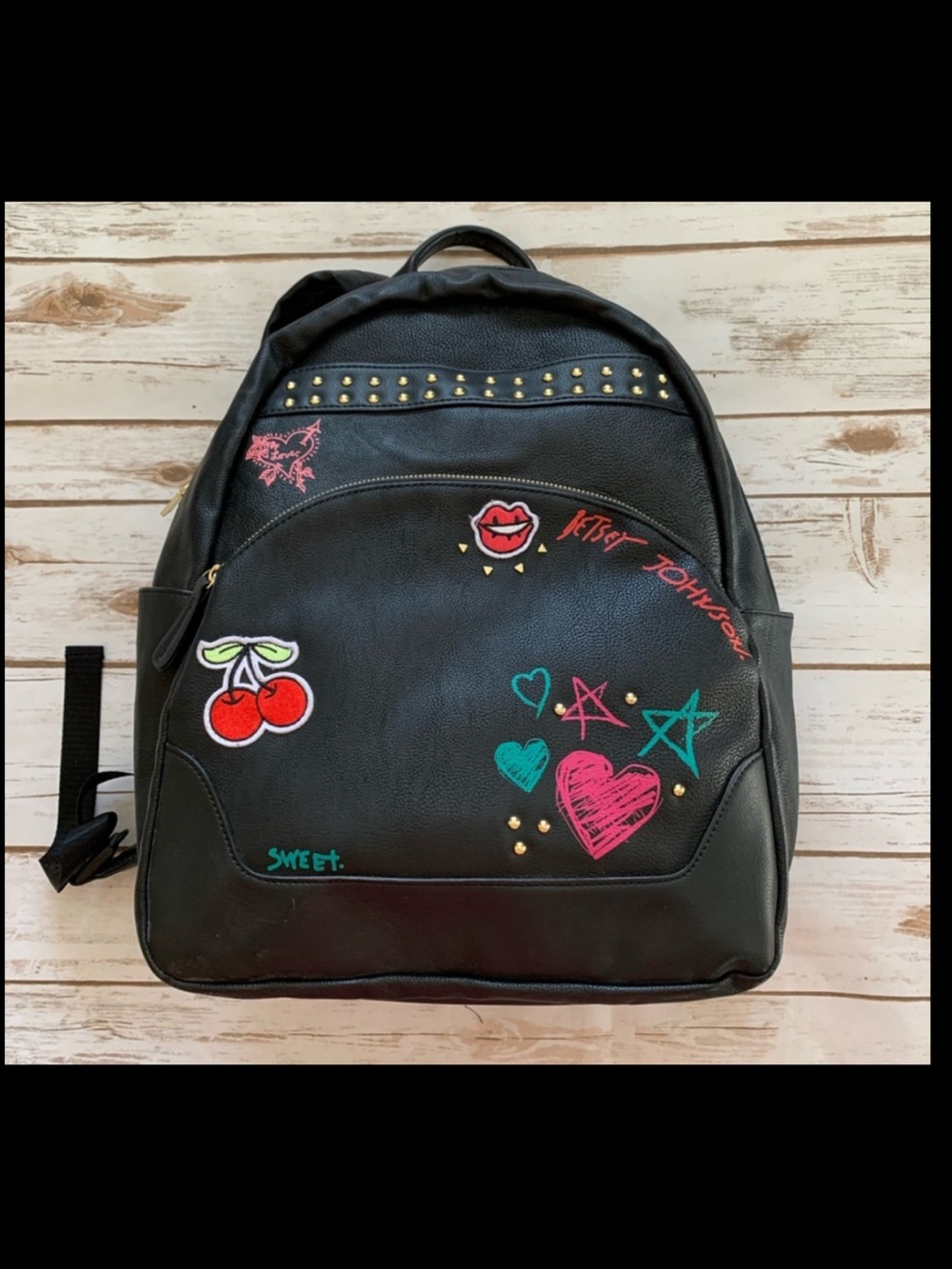 Betsey Johnson Black Backpack with Colorful Patch Designs